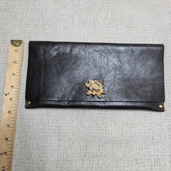 Moss Mills Dark Brown / Black Leather Lotus Flower Studded Envelope Clutch Bag - Picture 4 of 10